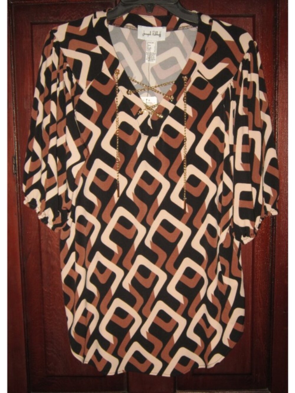 Joseph Ribkoff New 6 Geormetric Print Top Blouse Stretch Black Brown Beige Chain